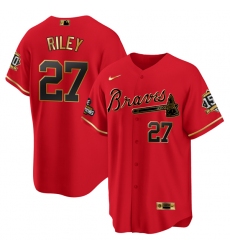 Men Atlanta Braves 27 Austin Riley 2021 Red Gold World Series Champions With 150th Anniversary Patch Cool Base Stitched Jersey