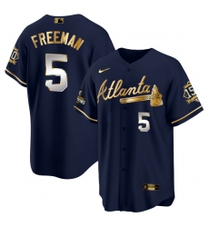 Men Atlanta Braves 5 Freddie Freeman 2021 Navy Gold World Series Champions With 150th Anniversary Patch Cool Base Stitched Jersey
