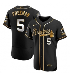 Men Atlanta Braves 5 Freddie Freeman Black Golden World Series Champions With 150th Anniversary Patch Flex Base Stitched Jersey