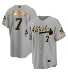 Men Atlanta Braves 7 Dansby Swanson 2021 Grey Gold World Series Champions With 150th Anniversary Patch Cool Base Stitched Jersey