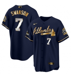 Men Atlanta Braves 7 Dansby Swanson 2021 Navy Gold World Series Champions With 150th Anniversary Patch Cool Base Stitched Jersey