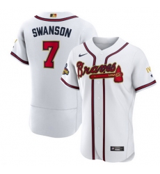 Men Atlanta Braves 7 Dansby Swanson 2022 White Gold World Series Champions Program Flex Base Stitched Baseball jersey