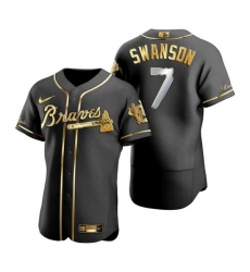 Men Atlanta Braves 7 Dansby Swanson Black Golden Flex Base Stitched Jersey