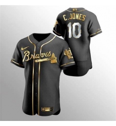 Men Nike Atlanta Braves Chipper Jones 10 Black Gold Edition Jersey