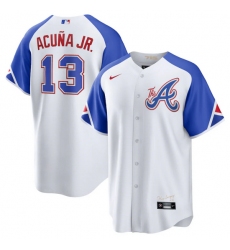 Men's Atlanta Braves #13 Ronald Acuña Jr. White 2023 City Connect Cool Base Stitched Baseball Jersey