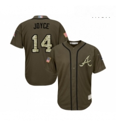 Mens Atlanta Braves 14 Matt Joyce Authentic Green Salute to Service Baseball Jersey 