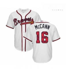 Mens Atlanta Braves 16 Brian McCann Authentic White Team Logo Fashion Cool Base Baseball Jersey 