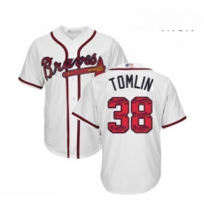 Mens Atlanta Braves 38 Josh Tomlin Authentic White Team Logo Fashion Cool Base Baseball Jersey 