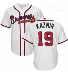 Mens Majestic Atlanta Braves 19 Scott Kazmir Authentic White Team Logo Fashion Cool Base MLB Jersey 
