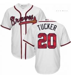Mens Majestic Atlanta Braves 20 Preston Tucker Authentic White Team Logo Fashion Cool Base MLB Jersey 
