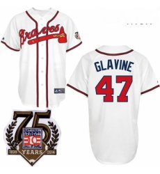 Mens Majestic Atlanta Braves 47 Tom Glavine Replica White w75th Anniversary Commemorative Patch MLB Jersey