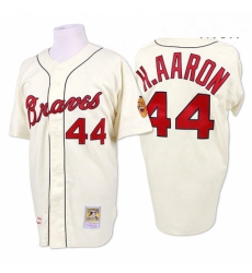 Mens Mitchell and Ness 1963 Atlanta Braves 44 Hank Aaron Authentic Cream Throwback MLB Jersey