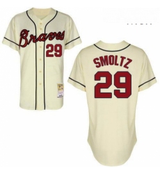 Mens Mitchell and Ness Atlanta Braves 29 John Smoltz Replica Cream Throwback MLB Jersey