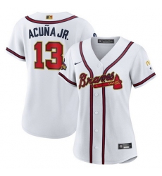 Women Atlanta Braves 13 Ronald Acu F1a Jr 2022 White Gold World Series Champions Program Stitched Jersey