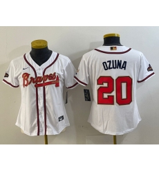 Women Atlanta Braves 20 Marcell Ozuna White Gold World Series Champions Program Stitched