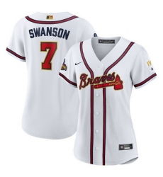 Women Atlanta Braves 7 Dansby Swanson 2022 White Gold World Series Champions Program Stitched Jersey