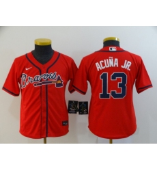 Youth Braves 13 Ronald Acuna Jr  Red Youth 2020 Nike Cool Base Jersey
