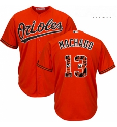 Mens Majestic Baltimore Orioles 13 Manny Machado Authentic Orange Team Logo Fashion Cool Base MLB Jersey