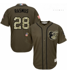 Mens Majestic Baltimore Orioles 28 Colby Rasmus Replica Green Salute to Service MLB Jersey 
