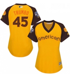 Womens Majestic Baltimore Orioles 45 Mark Trumbo Authentic Yellow 2016 All Star American League BP Cool Base MLB Jersey