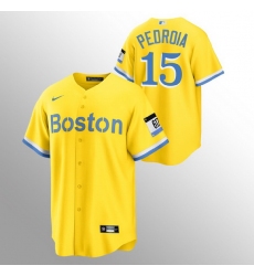 Men Boston Red Sox 15 Dustin Pedroia Men Nike 2021 City Connect Gold Fans Version MLB Jersey