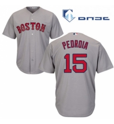 Mens Majestic Boston Red Sox 15 Dustin Pedroia Replica Grey Road Cool Base MLB Jersey