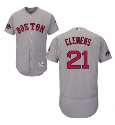 Mens Majestic Boston Red Sox 21 Roger Clemens Grey Road Flex Base Authentic Collection 2018 World Series Jersey