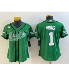 Women Philadelphia Eagles 1 Jalen Hurts Green With 3 Star C Patch Cool Base Stitched Baseball Jersey 28Run Small 29