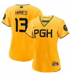 Women Pittsburgh Pirates 13 Ke 27Bryan Hayes Gold 2023 City Connect Stitched Jersey