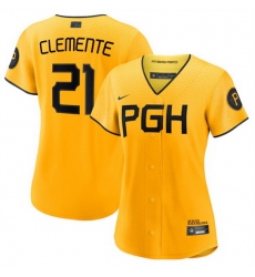 Women Pittsburgh Pirates 21 Roberto Clemente Gold 2023 Draft City Connect Stitched Jersey