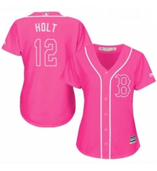 Womens Majestic Boston Red Sox 12 Brock Holt Authentic Pink Fashion MLB Jersey