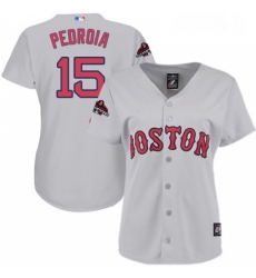 Womens Majestic Boston Red Sox 15 Dustin Pedroia Authentic Grey 2018 World Series Champions MLB Jersey