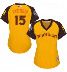 Womens Majestic Boston Red Sox 15 Dustin Pedroia Authentic Yellow 2016 All Star American League BP Cool Base MLB Jersey