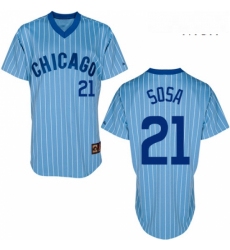 Mens Majestic Chicago Cubs 21 Sammy Sosa Authentic BlueWhite Strip Cooperstown Throwback MLB Jersey