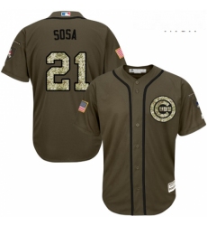 Mens Majestic Chicago Cubs 21 Sammy Sosa Replica Green Salute to Service MLB Jersey