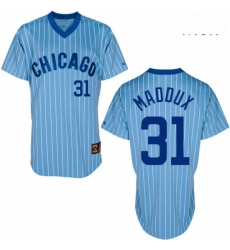Mens Majestic Chicago Cubs 31 Greg Maddux Authentic BlueWhite Strip Cooperstown Throwback MLB Jersey