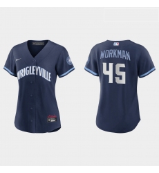 Chicago Cubs 45 Brandon Workman Women Nike 2021 City Connect Navy MLB Jersey