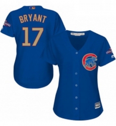 Womens Majestic Chicago Cubs 17 Kris Bryant Authentic Royal Blue 2017 Gold Champion MLB Jersey