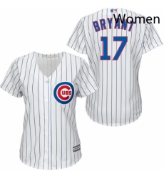 Womens Majestic Chicago Cubs 17 Kris Bryant Replica WhiteBlue Strip Fashion MLB Jersey