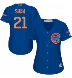 Womens Majestic Chicago Cubs 21 Sammy Sosa Authentic Royal Blue 2017 Gold Champion MLB Jersey