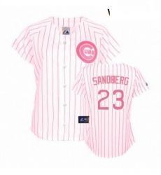 Womens Majestic Chicago Cubs 23 Ryne Sandberg Authentic WhitePink Strip Fashion MLB Jersey