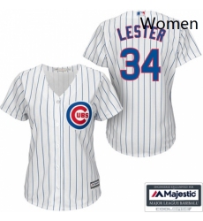 Womens Majestic Chicago Cubs 34 Jon Lester Replica WhiteBlue Strip Fashion MLB Jersey