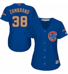 Womens Majestic Chicago Cubs 38 Carlos Zambrano Authentic Royal Blue 2017 Gold Champion MLB Jersey
