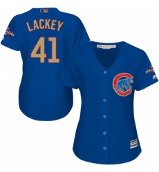 Womens Majestic Chicago Cubs 41 John Lackey Authentic Royal Blue 2017 Gold Champion MLB Jersey