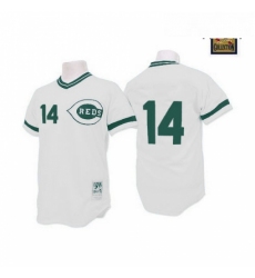 Mens Mitchell and Ness Cincinnati Reds 14 Pete Rose Authentic WhiteGreen Patch Throwback MLB Jersey