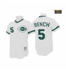 Mens Mitchell and Ness Cincinnati Reds 5 Johnny Bench Replica WhiteGreen Patch Throwback MLB Jersey