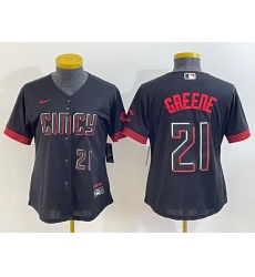 Women Cincinnati Reds 21 Hunter Greene Black 2023 City Connect With Patch Stitched Baseball Jersey