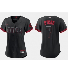 Women Cincinnati Reds 7 Spencer Steer Black 2023 City Connect Stitched Baseball Jersey 28Run Small 29