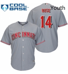 Youth Majestic Cincinnati Reds 14 Pete Rose Replica Grey Road Cool Base MLB Jersey