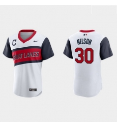 Men Cleveland Indians 30 Kyle Nelson Men Nike White 2021 Little League Class Authentic MLB Jersey
